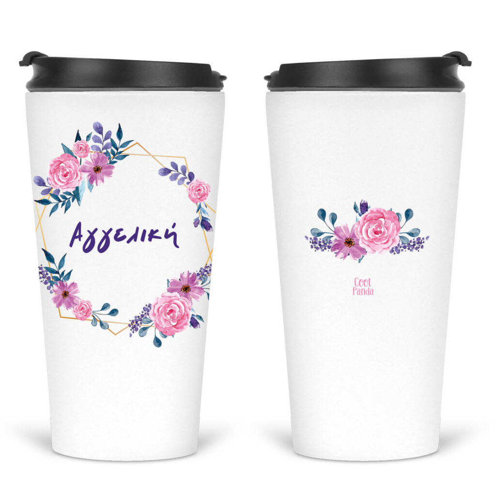 Ποτήρι Θερμός 480ml Ροζ και Μωβ λουλούδια