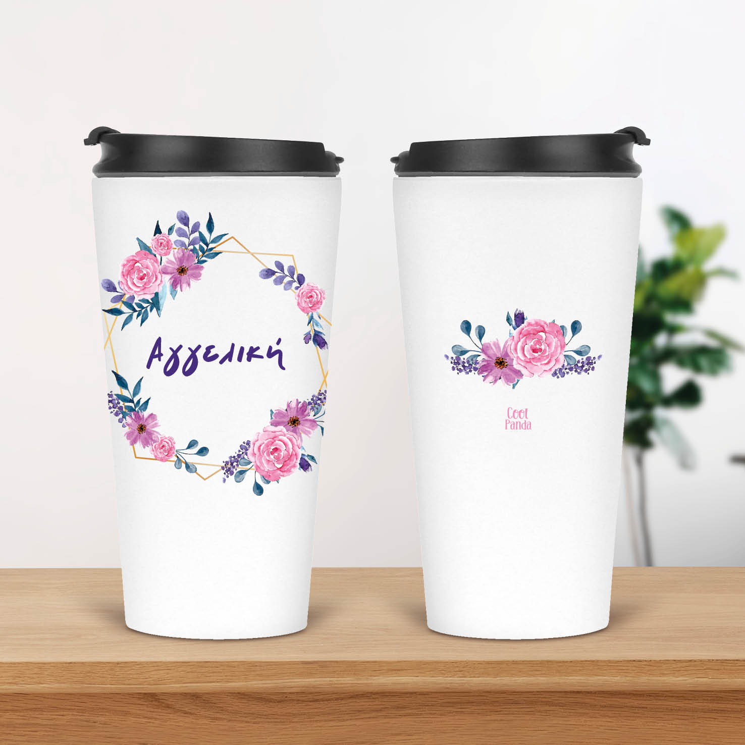 Ποτήρι Θερμός 480ml Ροζ και Μωβ λουλούδια