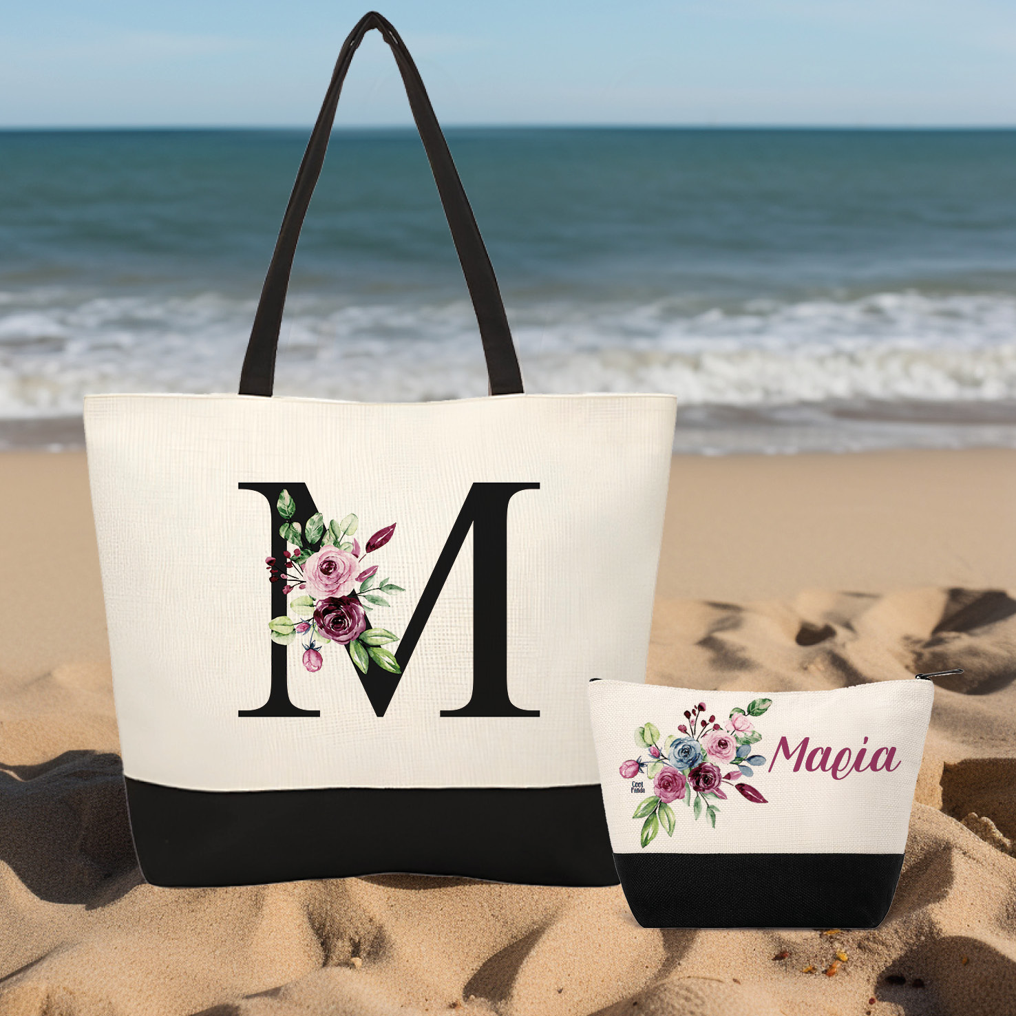 Σετ τσάντα θαλάσσης και νεσεσέρ Μονόγραμμα Floral Roses