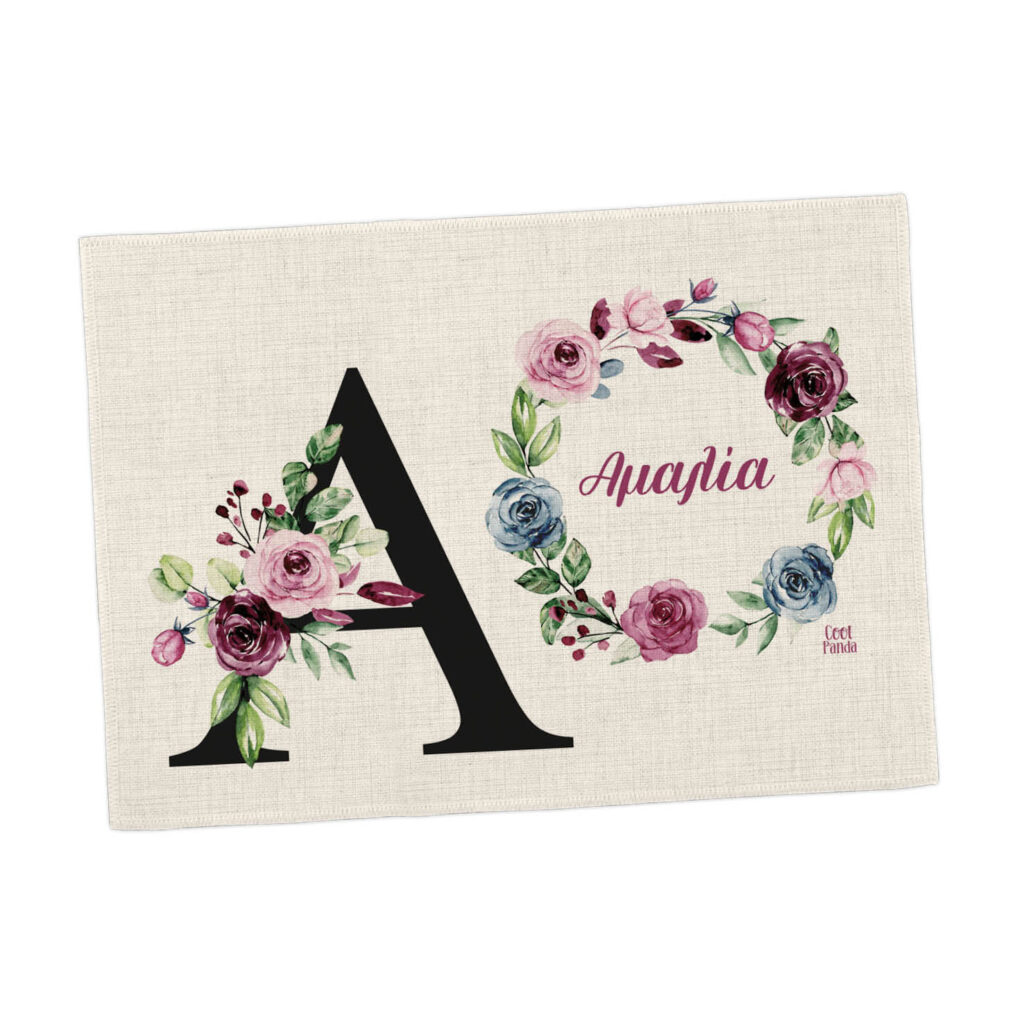 Σουπλά φαγητού λινό “Floral μονόγραμμα ρoζ”