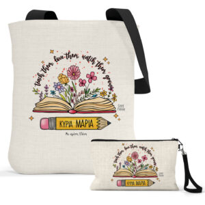 Σετ λινή τσάντα με μαύρα χερούλια και νεσεσέρ Βιβλίο & Μολύβι floral