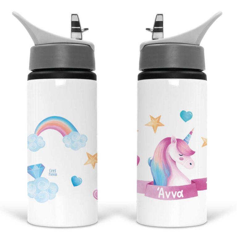 Μπουκάλι νερού με καλαμάκι λευκό “Ροζ Μονόκερος”