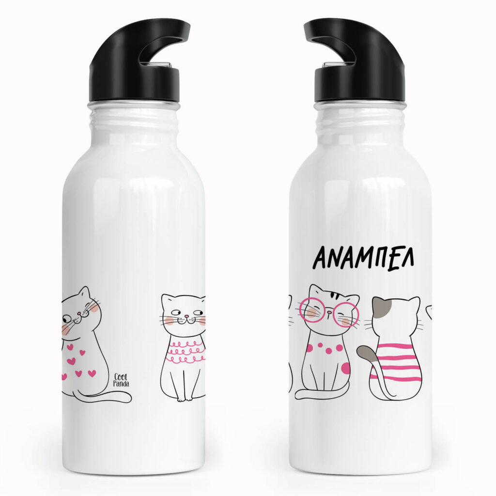 Μπουκάλι νερού ανοξείδωτο με καλαμάκι λευκό “Γατούλες”