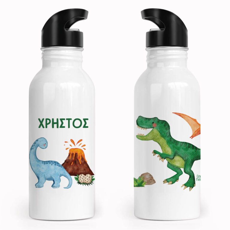 Μπουκάλι νερού ανοξείδωτο με καλαμάκι λευκό “Δεινοσαυράκια”