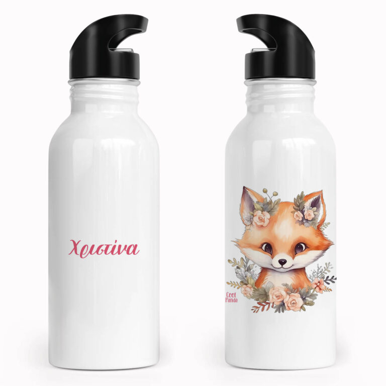 Μπουκάλι νερού ανοξείδωτο με καλαμάκι λευκό “Aλεπουδάκι”