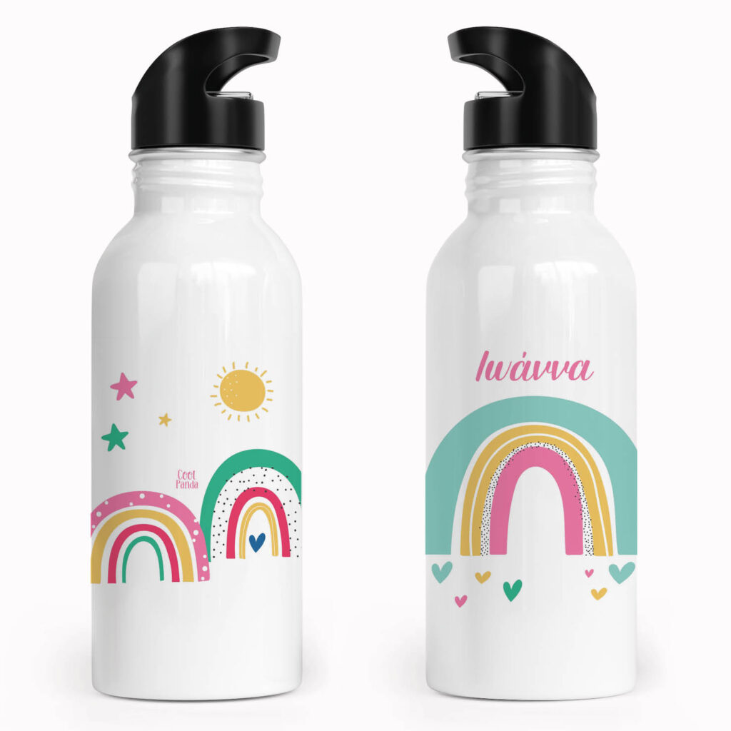 Μπουκάλι νερού ανοξείδωτο με καλαμάκι λευκό “Ουράνια τόξα”