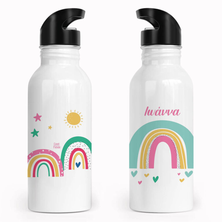 Μπουκάλι νερού ανοξείδωτο με καλαμάκι λευκό “Ουράνια τόξα”