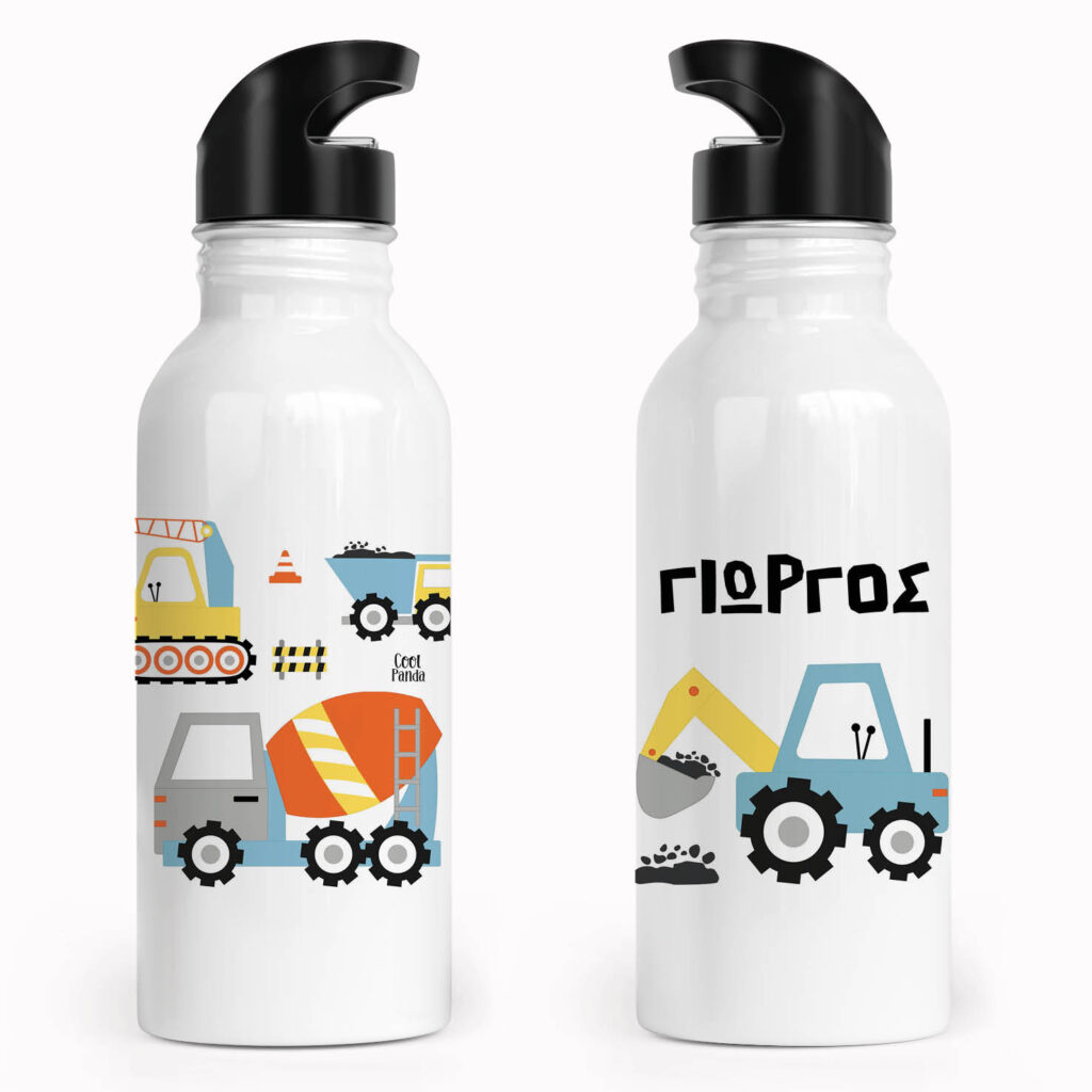 Μπουκάλι νερού ανοξείδωτο με καλαμάκι λευκό “Trucks”