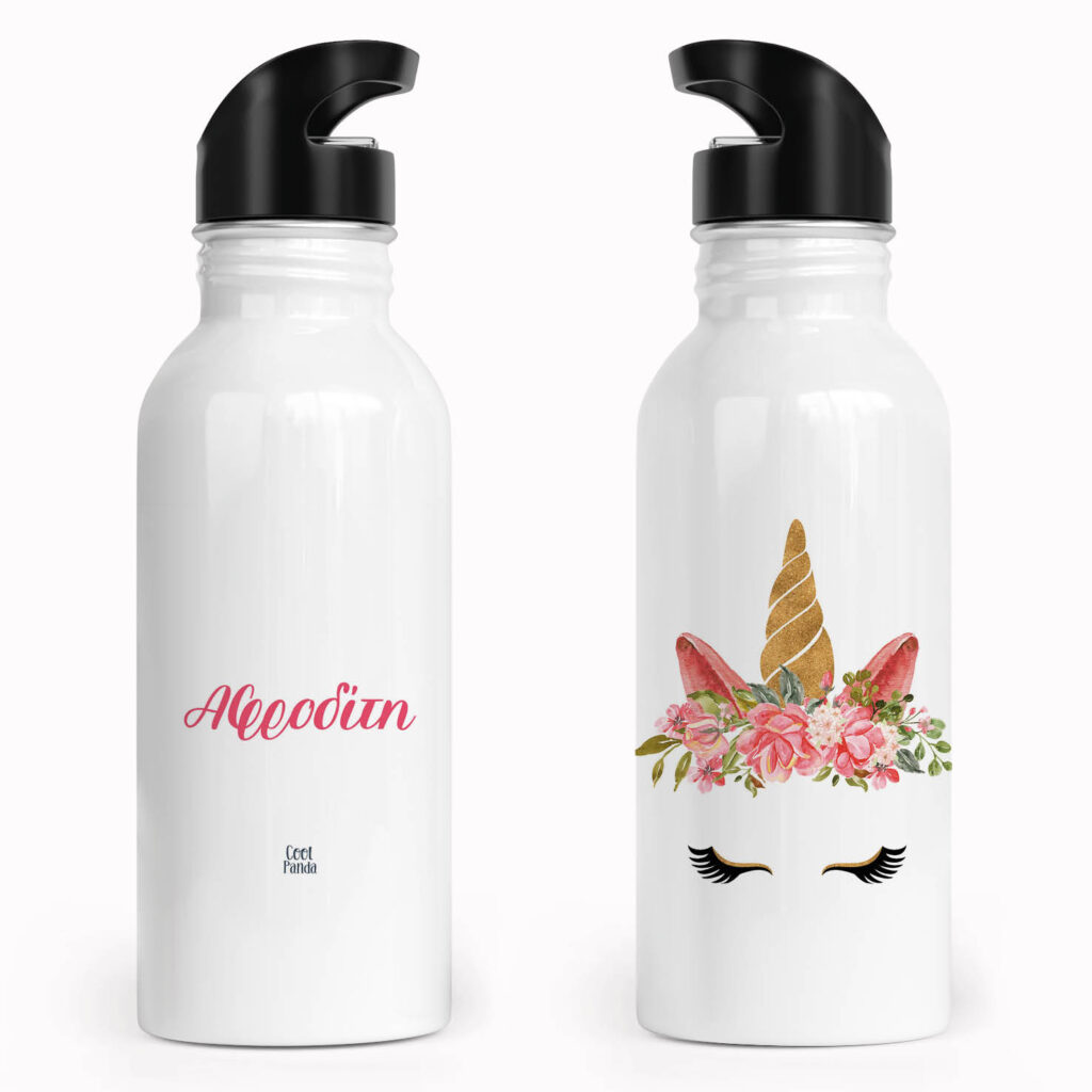 Μπουκάλι νερού ανοξείδωτο με καλαμάκι λευκό “Unicorn face”