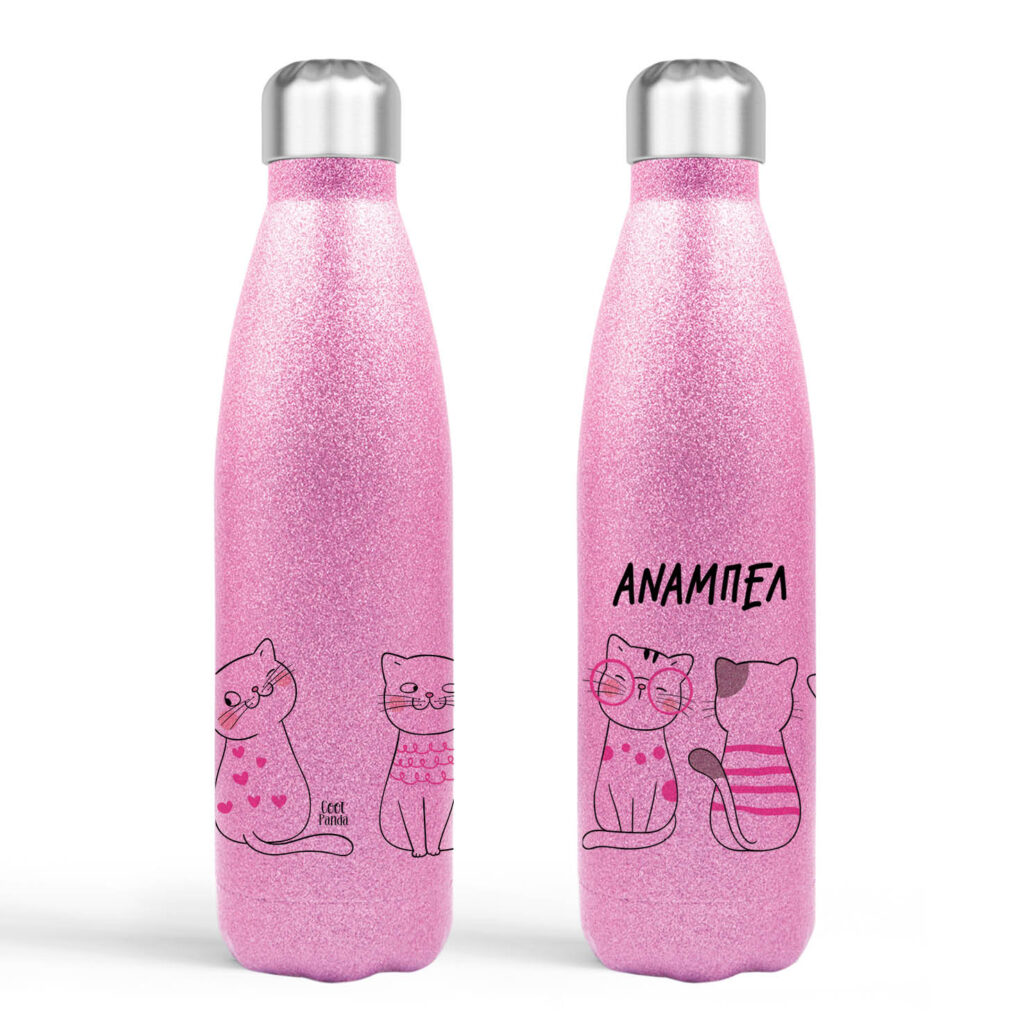 Μπουκάλι νερού θερμός Ροζ Glitter “Γατούλες”