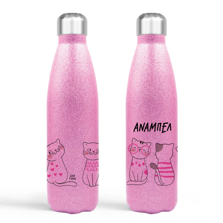 Μπουκάλι νερού θερμός Ροζ Glitter “Γατούλες”