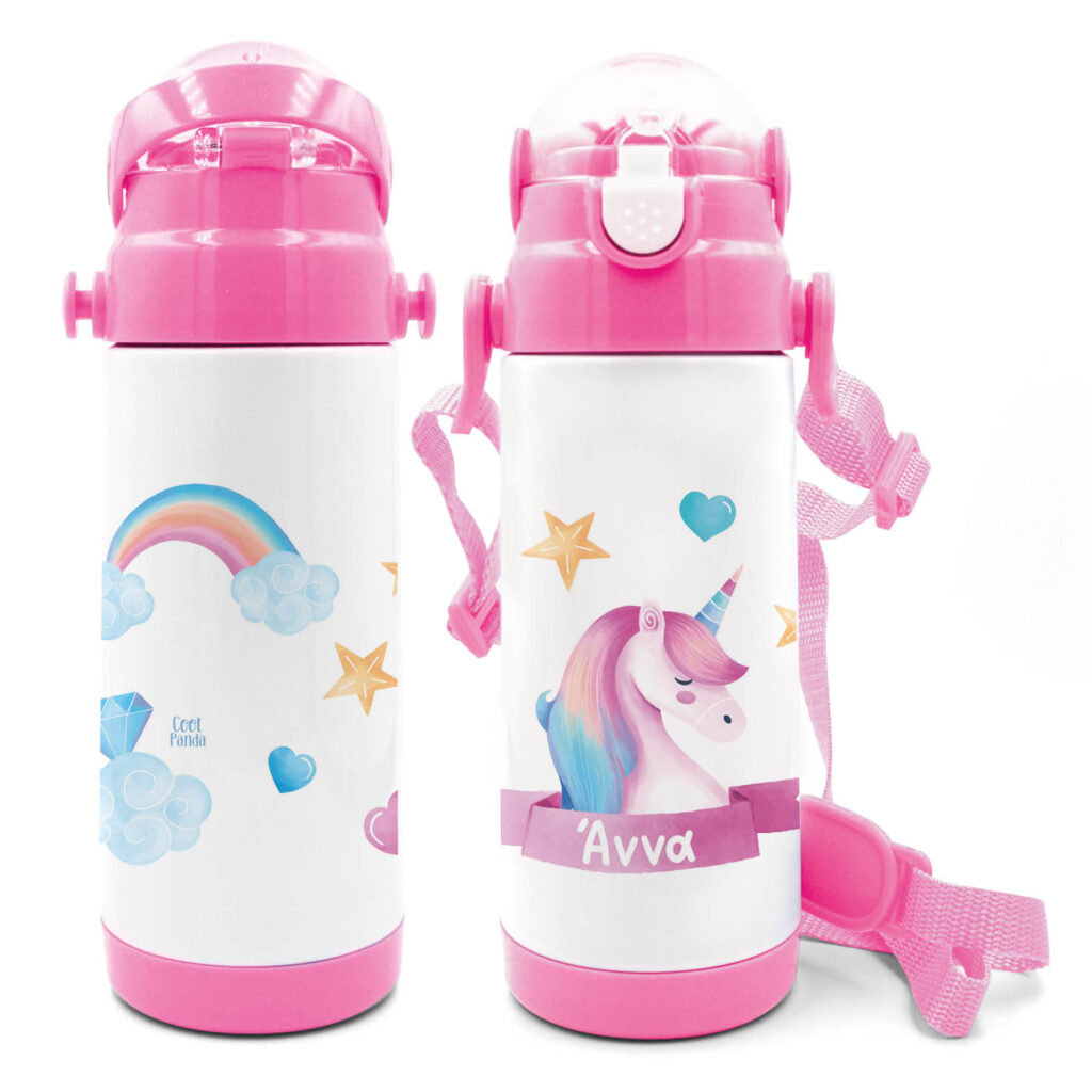 Μπουκάλι νερού θερμός με καλαμάκι “Ροζ Μονόκερος”