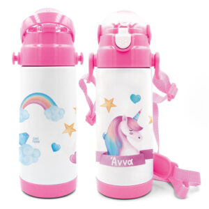 Μπουκάλι νερού θερμός με καλαμάκι “Ροζ Μονόκερος”