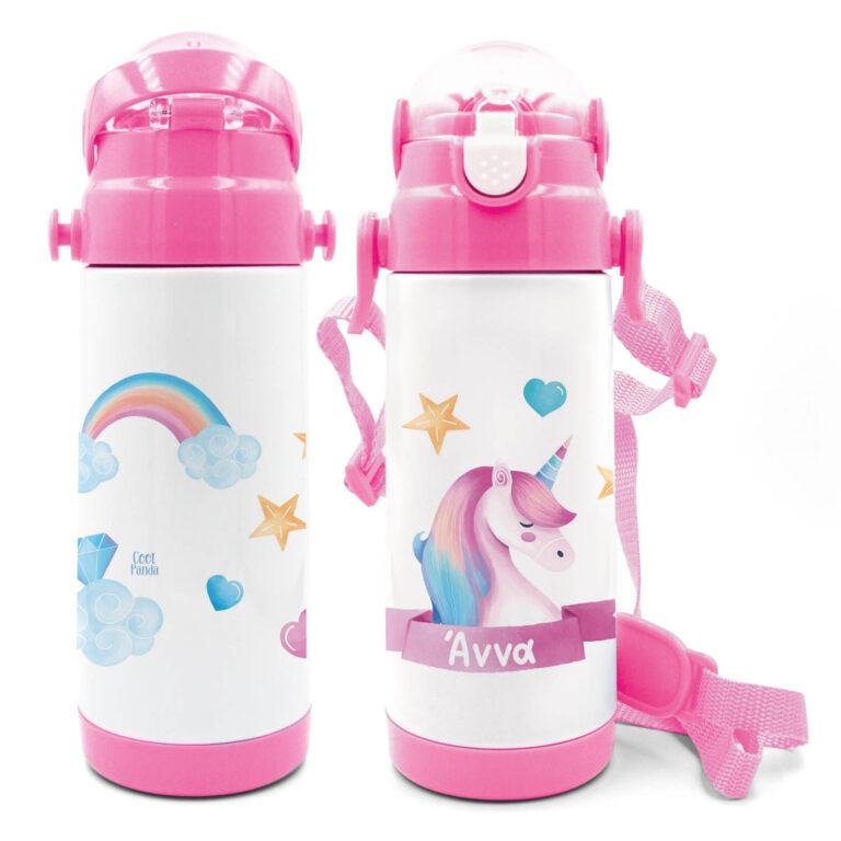 Μπουκάλι νερού θερμός με καλαμάκι “Ροζ Μονόκερος”