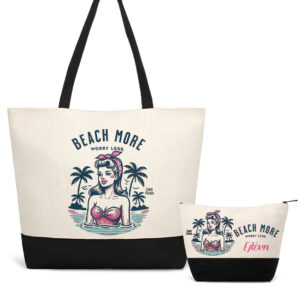 Σετ τσάντα θαλάσσης και νεσεσέρ “Beach more worry less”