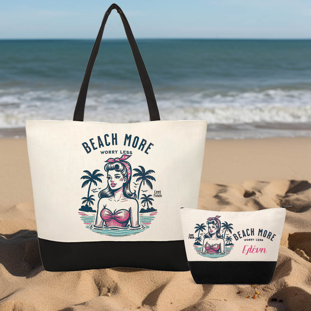 Σετ τσάντα θαλάσσης και νεσεσέρ “Beach more worry less”