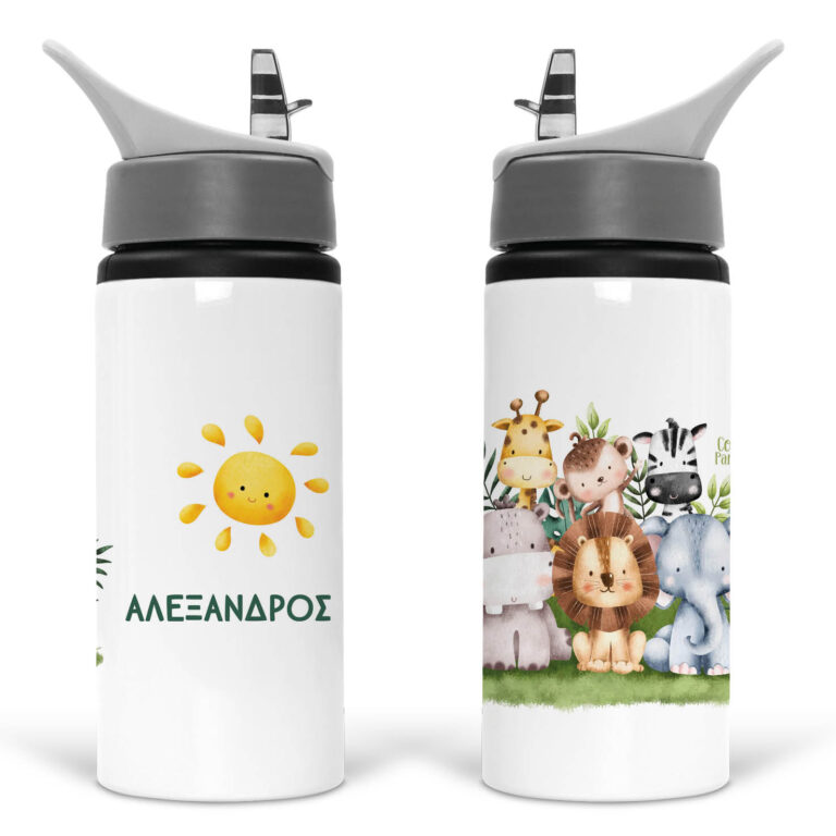 Μπουκάλι νερού με καλαμάκι λευκό “Animals”