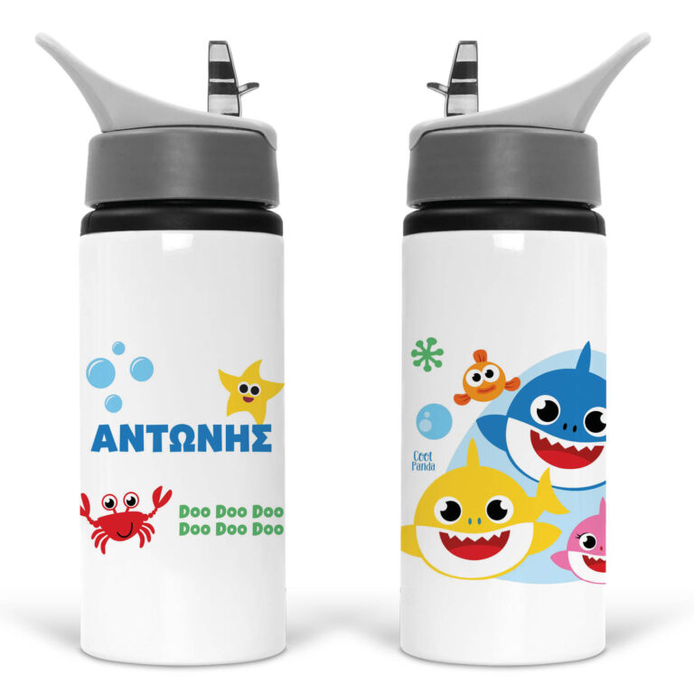 Μπουκάλι νερού με καλαμάκι λευκό “Baby Shark”