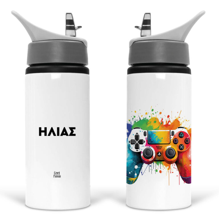 Μπουκάλι νερού με καλαμάκι λευκό “Colourful playstation”