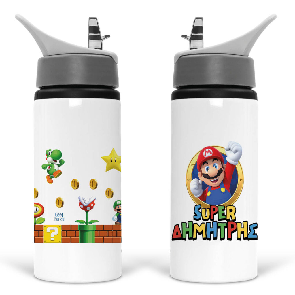 Μπουκάλι νερού με καλαμάκι λευκό “Super Mario”