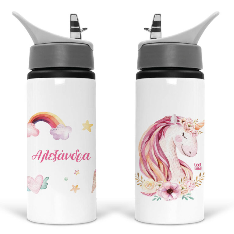 Μπουκάλι νερού με καλαμάκι λευκό “Μονόκερος”