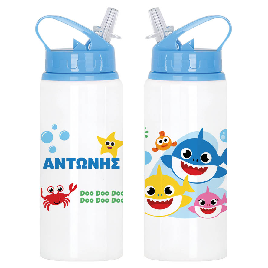 Μπουκάλι νερού με καλαμάκι λευκό “Baby shark”