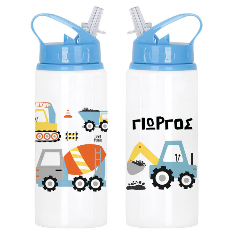 Μπουκάλι νερού με καλαμάκι λευκό “Trucks”