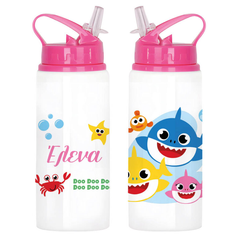 Μπουκάλι νερού με καλαμάκι λευκό “Baby shark” Girl