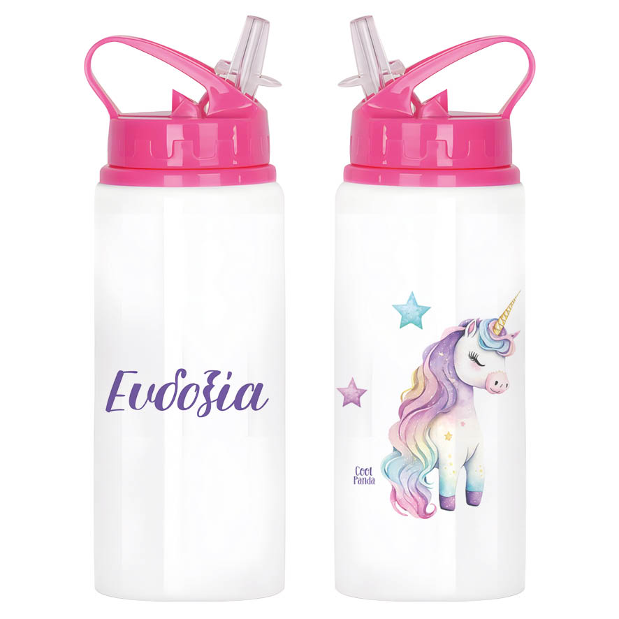 Μπουκάλι νερού με καλαμάκι λευκό “Μωρό Μονόκερος”