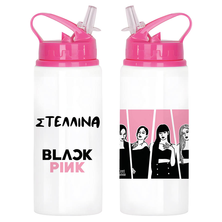 Μπουκάλι νερού με καλαμάκι λευκό “Black Pink”