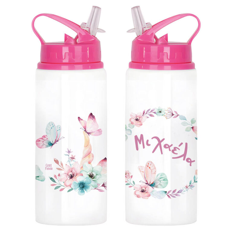 Μπουκάλι νερού με καλαμάκι λευκό “Floral Butterflies”