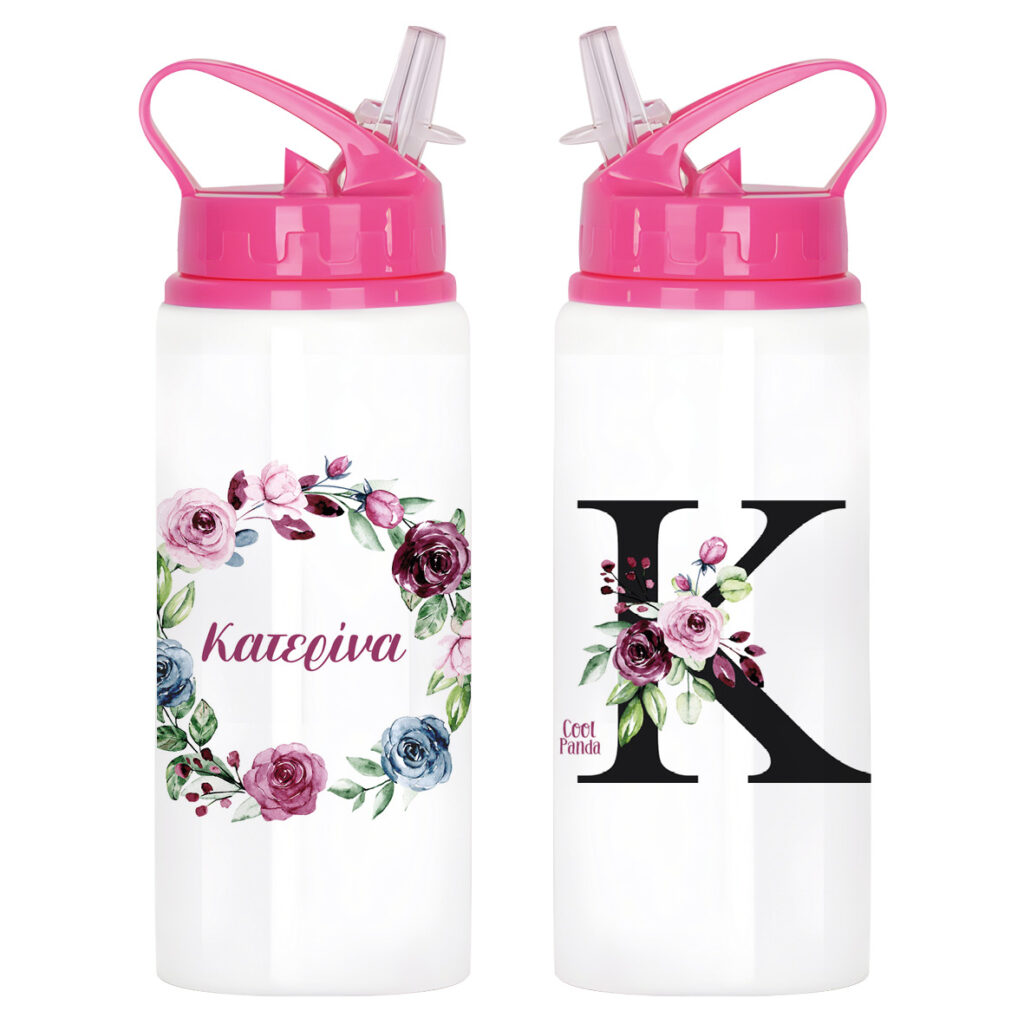 Μπουκάλι νερού με καλαμάκι λευκό “Floral Mονόγραμμα ροζ”