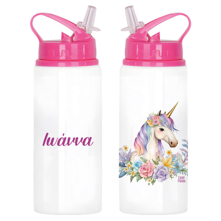 Μπουκάλι νερού με καλαμάκι λευκό “Floral Μονόκερος”