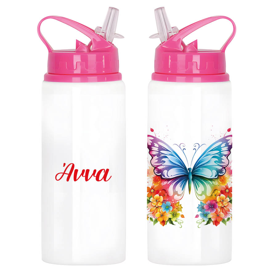 Μπουκάλι νερού με καλαμάκι λευκό “Floral Πεταλούδα”