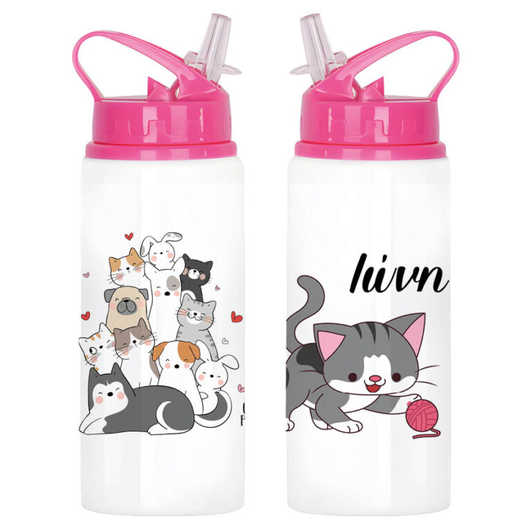 Μπουκάλι νερού με καλαμάκι λευκό “Γατούλες και σκυλάκια”