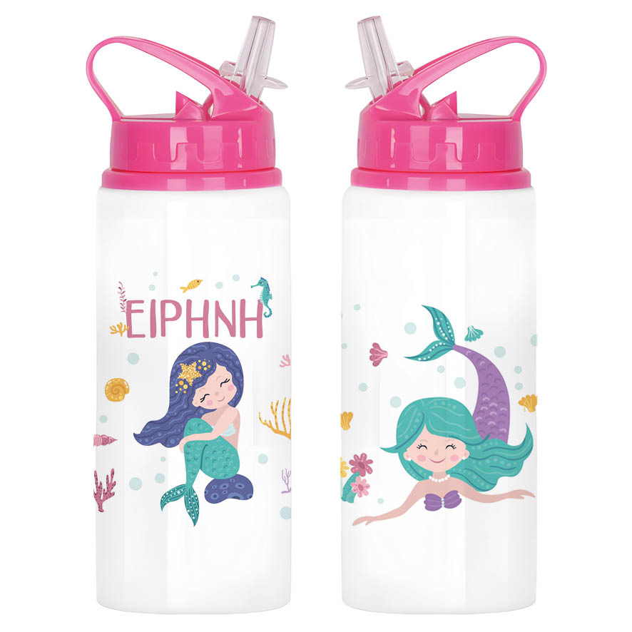 Μπουκάλι νερού με καλαμάκι λευκό “Μωβ Γοργόνες”