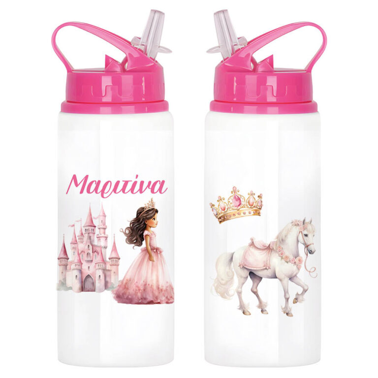 Μπουκάλι νερού με καλαμάκι λευκό “Πριγκίπισσα με κάστρο”