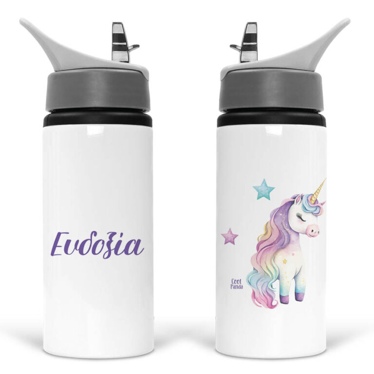 Μπουκάλι νερού με καλαμάκι λευκό “Μωρό Μονόκερος”