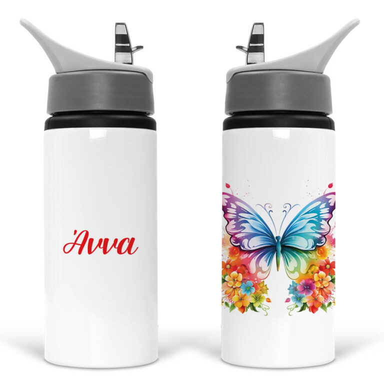 Μπουκάλι νερού με καλαμάκι λευκό “Floral Πεταλούδα”