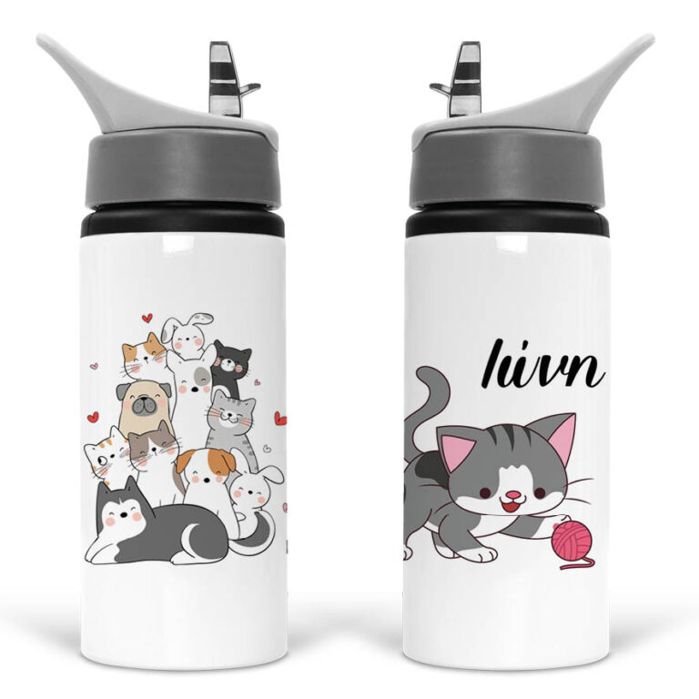 Μπουκάλι νερού με καλαμάκι λευκό “Γατούλες και σκυλάκια”