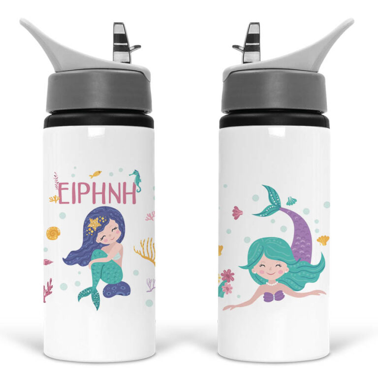 Μπουκάλι νερού με καλαμάκι λευκό “Μωβ Γοργόνες”