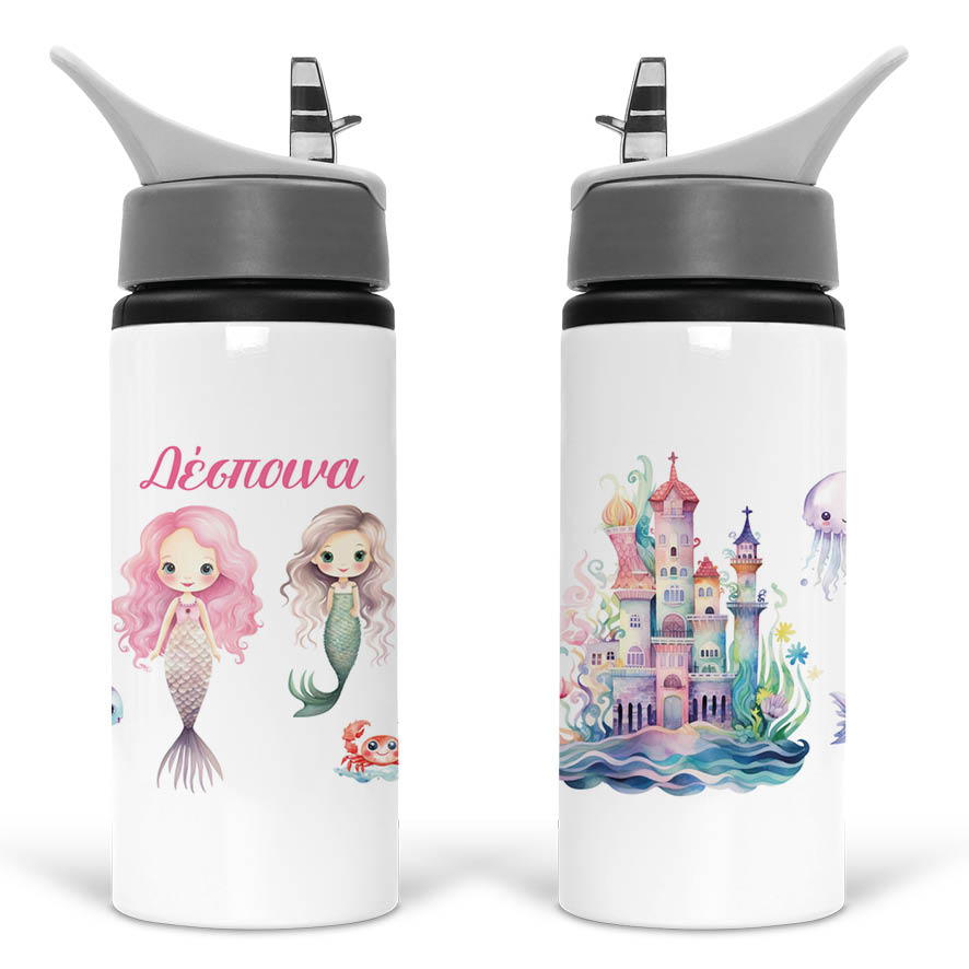 Μπουκάλι νερού με καλαμάκι λευκό “Γοργόνες Βυθός”