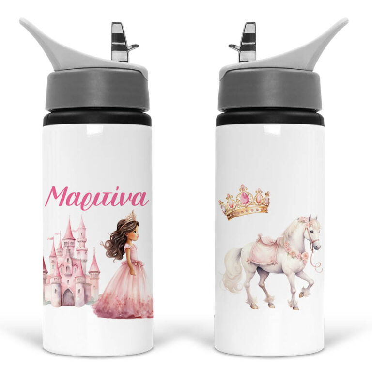 Μπουκάλι νερού με καλαμάκι λευκό “Πριγκίπισσα με κάστρο”