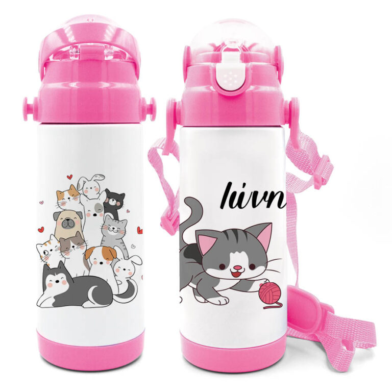 Μπουκάλι νερού θερμός με καλαμάκι “Γατούλες και σκυλάκια”