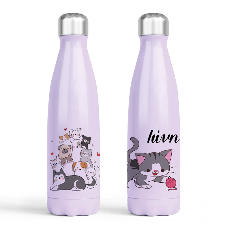 Μπουκάλι νερού θερμός μωβ “Γατούλες και σκυλάκια”