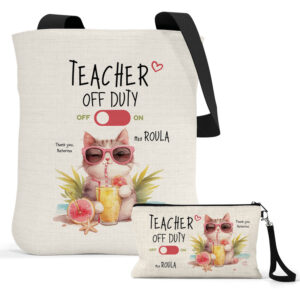 Σετ λινή τσάντα με μαύρα χερούλια και νεσεσέρ “Teacher off duty Γάτα”