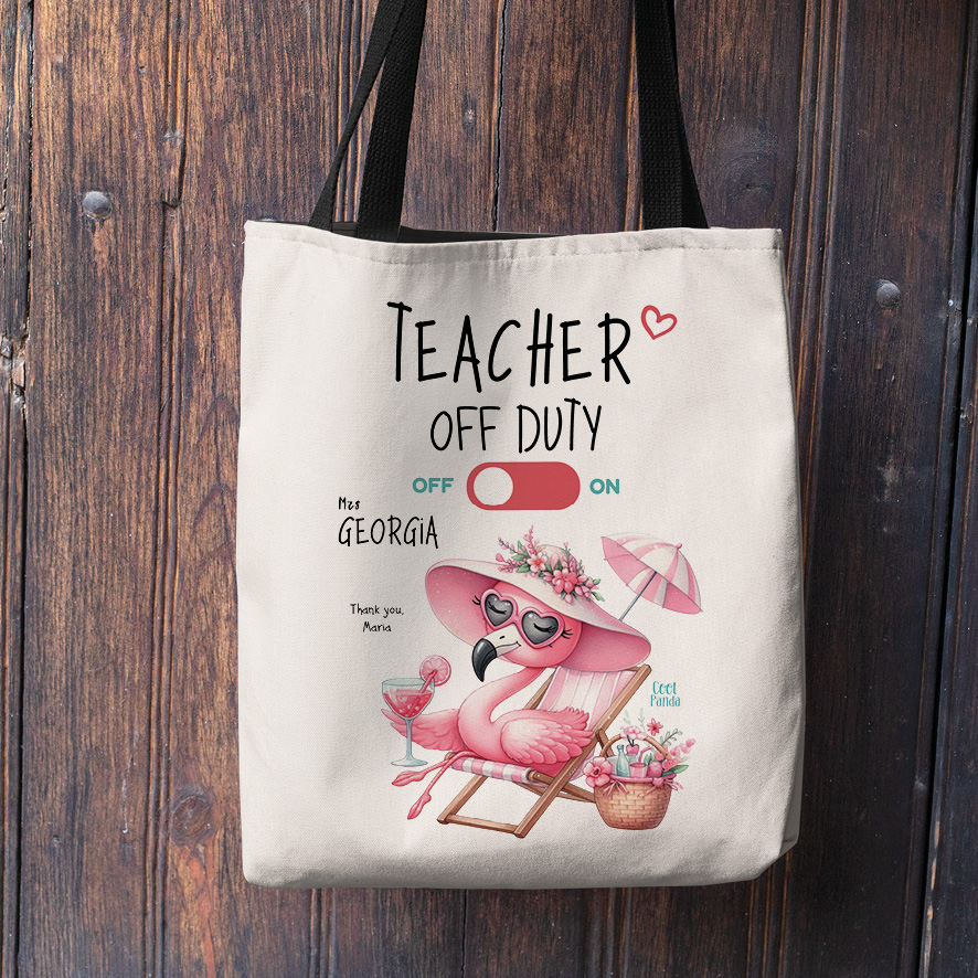 Σετ λινή τσάντα με μαύρα χερούλια και νεσεσέρ “Teacher off duty floral flamingo”