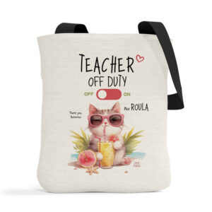 Λινή τσάντα με μαύρα χερούλια “Teacher off duty Γάτα”