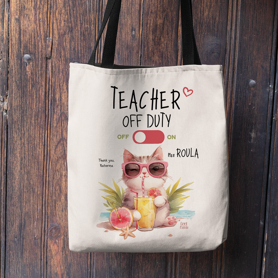 Σετ λινή τσάντα με μαύρα χερούλια και νεσεσέρ “Teacher off duty Γάτα”
