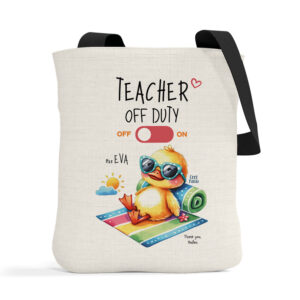 Λινή τσάντα με μαύρα χερούλια “Teacher off duty Παπάκι”